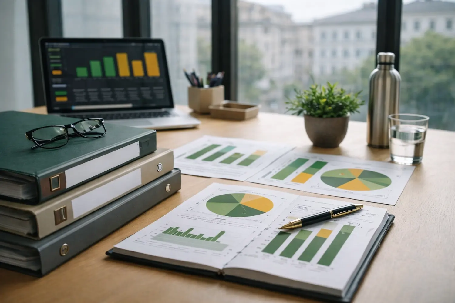 Scrivania ufficio con report ambientali, grafici a torta sulla sostenibilità, laptop e raccoglitori tecnici di Eticambiente.