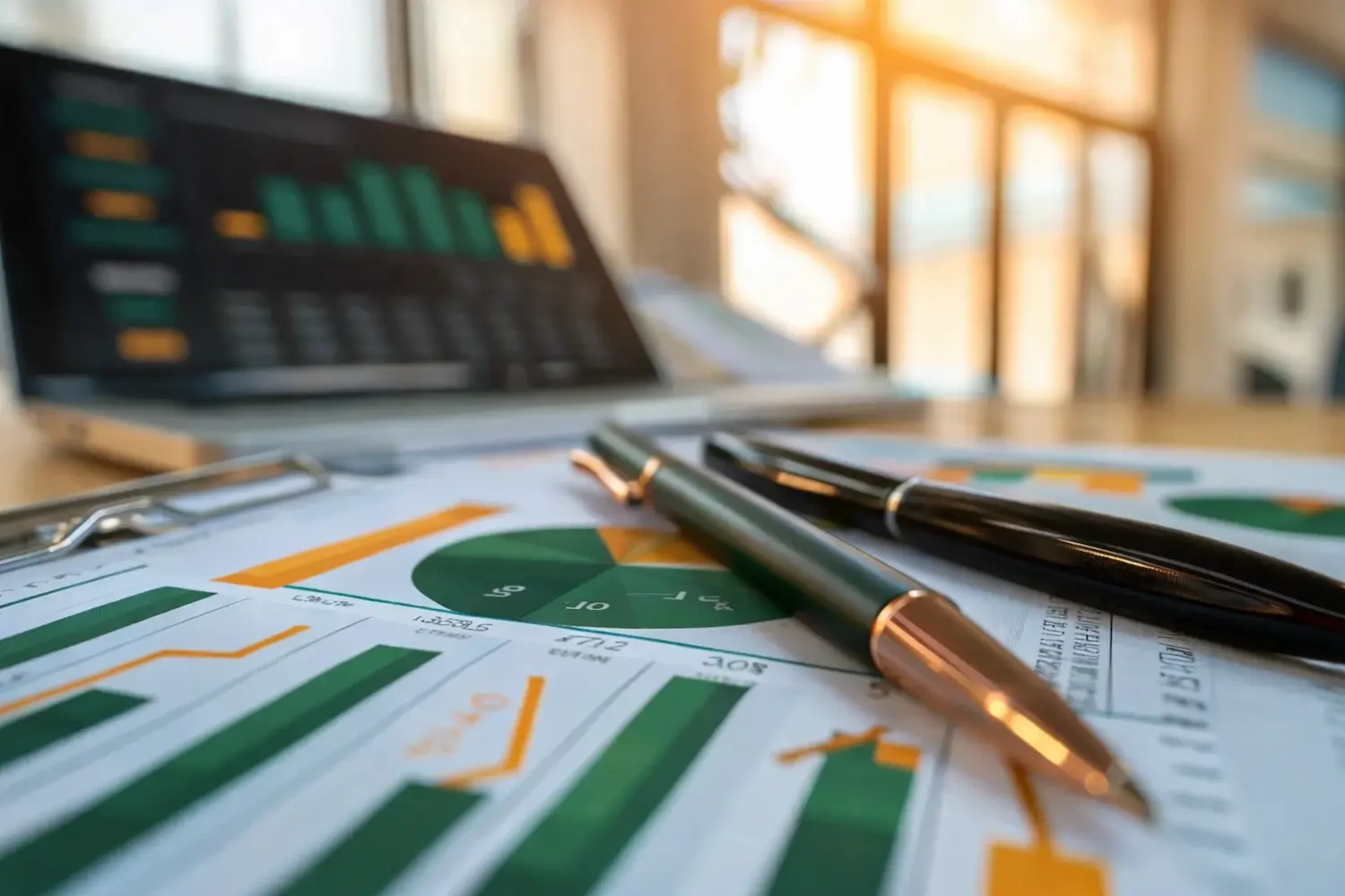 Documenti con grafici stampati e due penne su un tavolo di lavoro